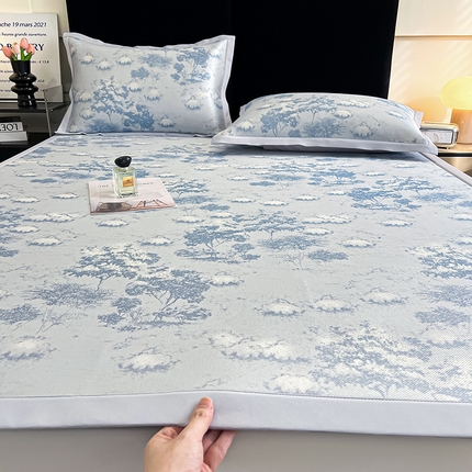 倾慕家纺 2025新款冰泉丝水墨风印花包边席子凉席 林影蓝