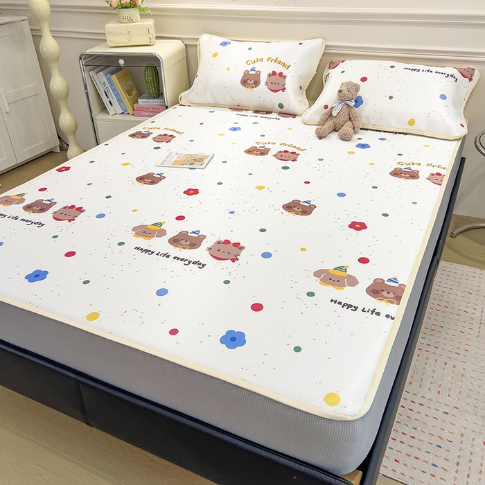 91家纺网 家纺一手货源 找家纺 摩妮卡 2025新款小清新碳光冰丝软席床笠款单床笠三件套 彩点萌友