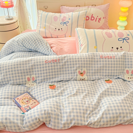 如一 2025新款A类数码枕套卡通毛巾绣水洗棉四件套 可爱兔