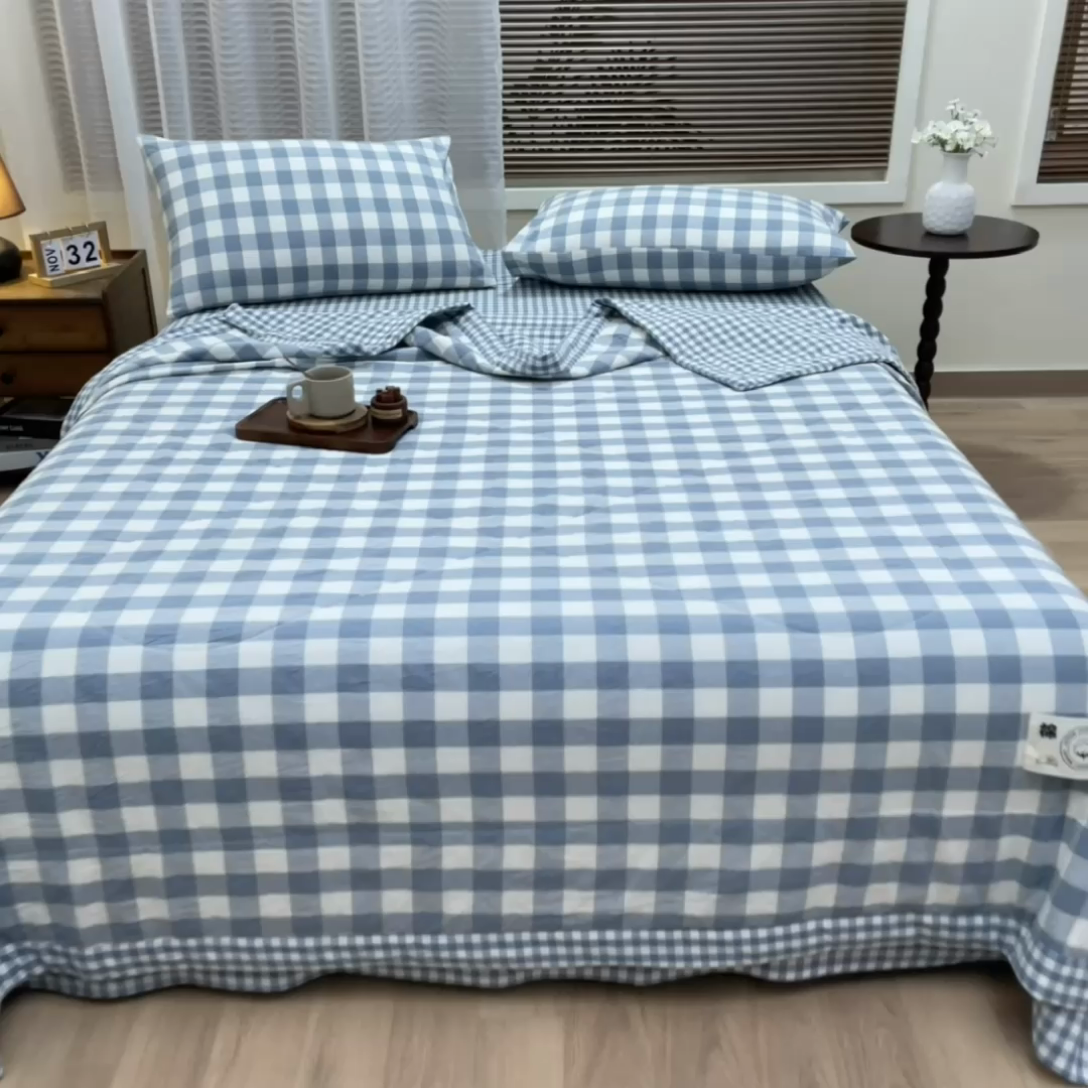 91家纺网 家纺一手货源 找家纺 鑫棉坊 2025新款全棉色织水洗棉A类棉花夏被可机洗空调被四件套床单枕套 欢乐