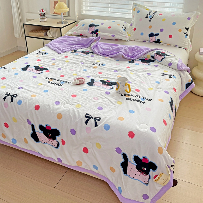 91家纺网 家纺一手货源 找家纺 富艺隆 2025新款水洗棉双层纱夏被 波点小狗