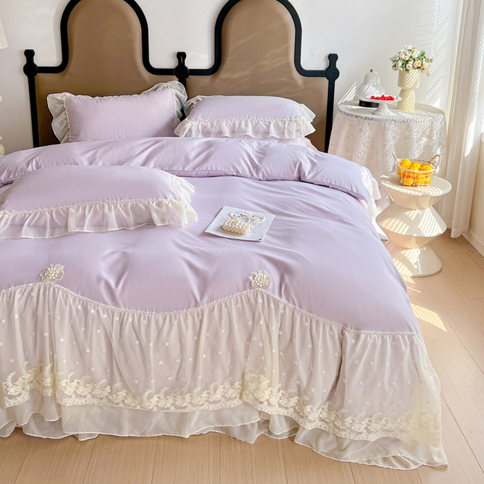 91家纺网 家纺一手货源 找家纺 艺玲家纺 2025新款糯小棉爱丽莎雪纺花边四件套 爱丽莎-紫