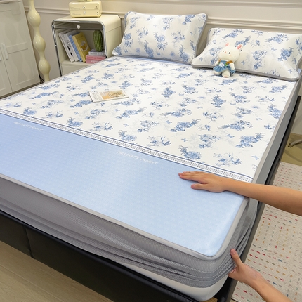 摩妮卡 2025新款小清新碳光冰丝软席床笠款单床笠三件套 花绮梦-蓝