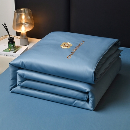 优尚家纺 2025新款水洗天丝刺绣夏被夏被四件套 冰岛蓝