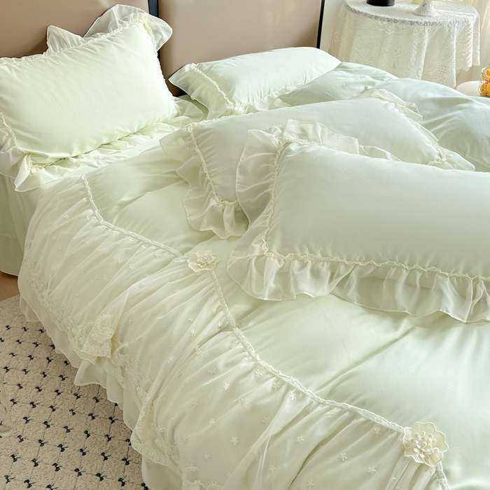 91家纺网 家纺一手货源 找家纺 艺玲家纺 2025新款糯小棉爱丽莎雪纺花边四件套 爱丽莎-绿