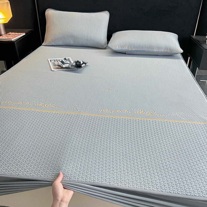 91家纺网 家纺一手货源 找家纺 2025新款提花冰豆豆凉席床笠床席三件套幸运草系列 幸运草-灰