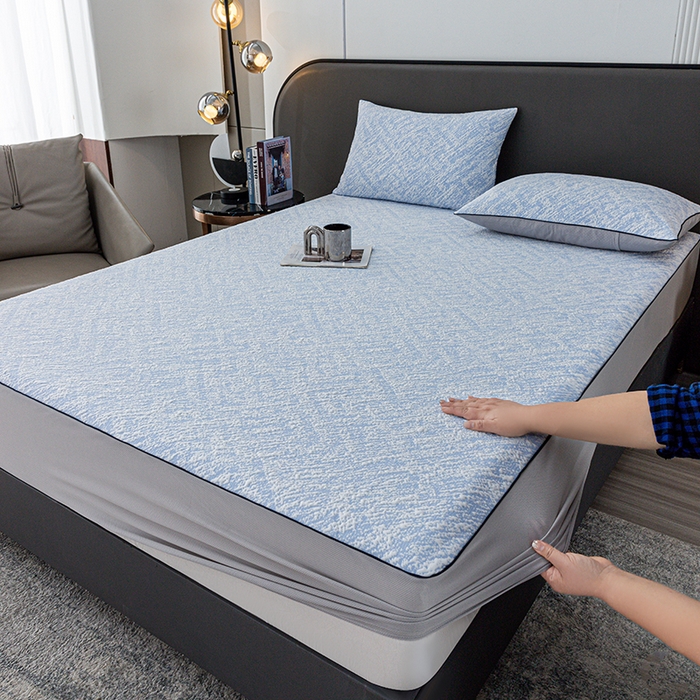 91家纺网 家纺一手货源 找家纺 锦罗绣 2025春夏新款PE中分子凉感提花软凉席席子 流金岁月-蓝 床笠款