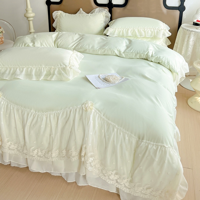 91家纺网 家纺一手货源 找家纺 艺玲家纺 2025新款糯小棉爱丽莎雪纺花边四件套 爱丽莎-绿