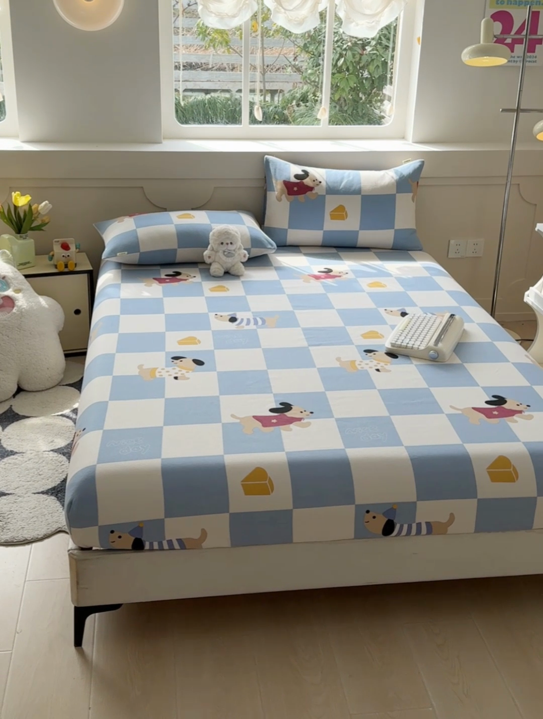 91家纺网 家纺一手货源 找家纺 爱彼2025款新款热门老粗布床笠凉席席子 老粗布床笠-腊肠狗-蓝