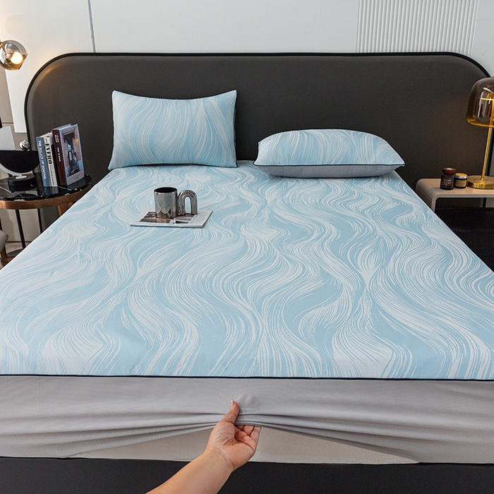 91家纺网 家纺一手货源 找家纺 锦罗绣 2025春夏新款PE中分子凉感提花软凉席席子 极简主义-蓝 床笠款