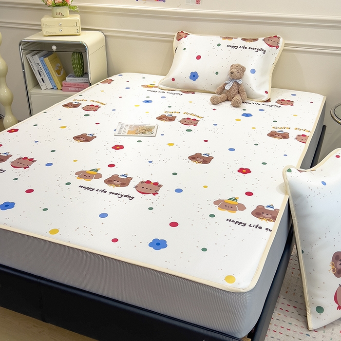 91家纺网 家纺一手货源 找家纺 摩妮卡 2025新款小清新碳光冰丝软席床笠款单床笠三件套 彩点萌友