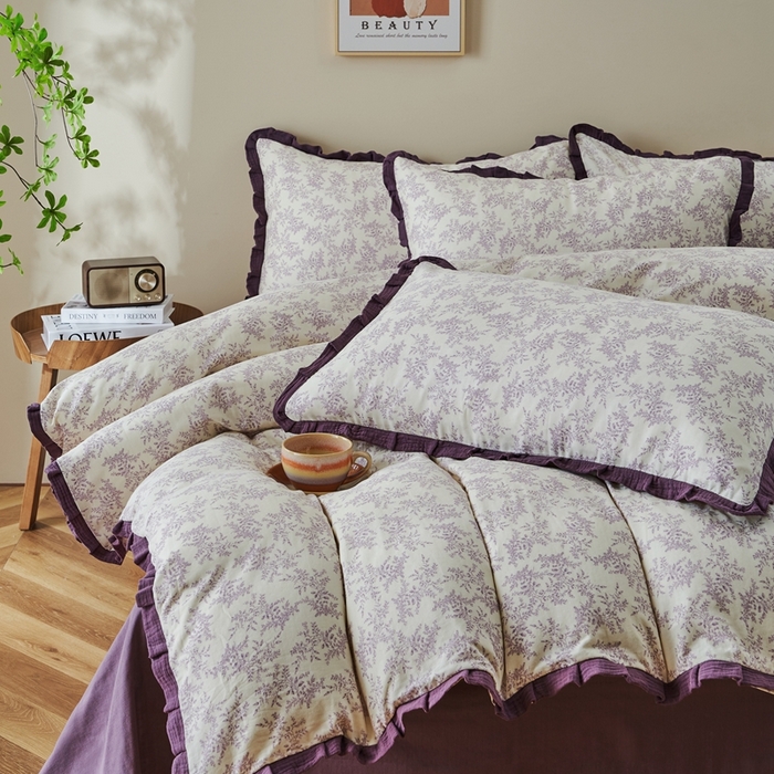 91家纺网 家纺一手货源 找家纺 （总）黛馨 2025新款全棉纯棉A类小清新双层纱四件套-皱皱边系列