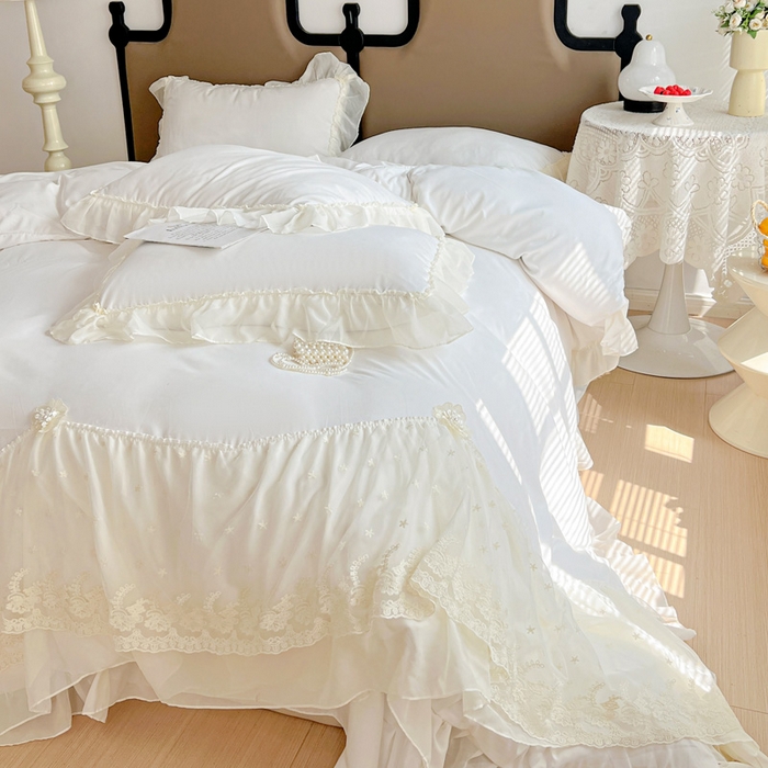 91家纺网 家纺一手货源 找家纺 艺玲家纺 2025新款糯小棉爱丽莎雪纺花边四件套 爱丽莎-白