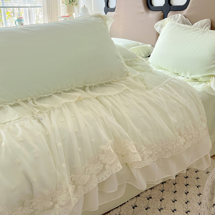 91家纺网 家纺一手货源 找家纺 艺玲家纺 2025新款糯小棉爱丽莎雪纺花边四件套 爱丽莎-绿