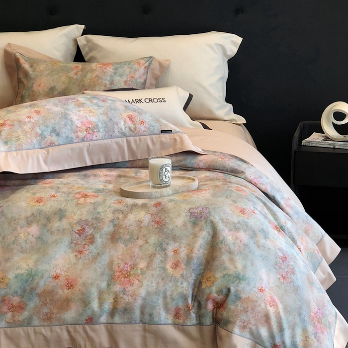 91家纺网 家纺一手货源 找家纺 佳汐蓝2025新款典雅诗意花卉全棉印花四件套券后不低于438/458元 时光之恋-杏黄桔