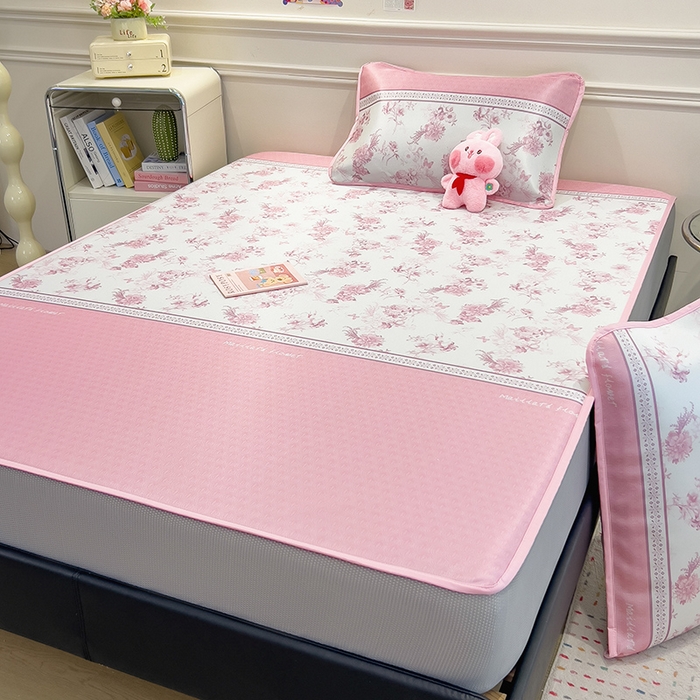 91家纺网 家纺一手货源 找家纺 摩妮卡 2025新款小清新碳光冰丝软席床笠款单床笠三件套 花绮梦-粉