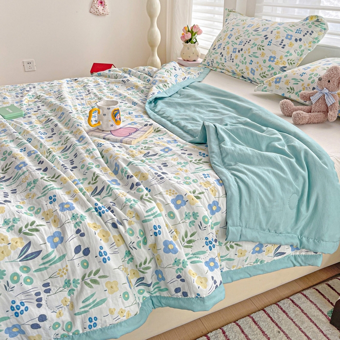 91家纺网 家纺一手货源 找家纺 富艺隆 2025新款水洗棉双层纱夏被 海岛清茶