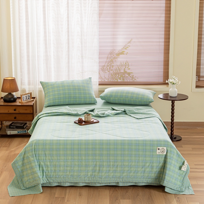 91家纺网 家纺一手货源 找家纺 鑫棉坊 2025新款全棉色织水洗棉A类棉花夏被可机洗空调被四件套床单枕套 清漾绿格
