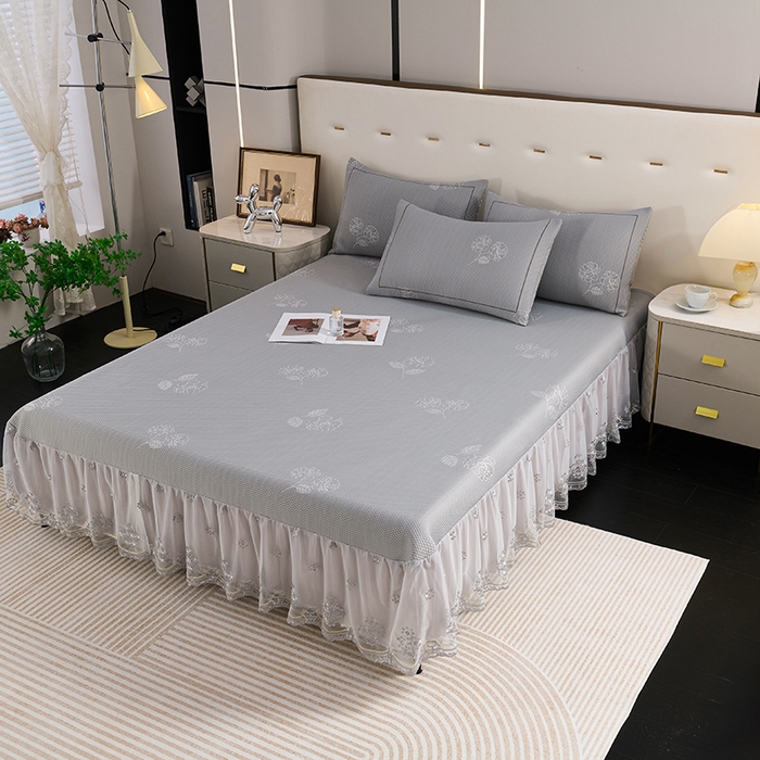 91家纺网 家纺一手货源 找家纺 席之家 2025新款3D冰感蕾丝床裙豆豆席 蕾丝-茶花之恋-灰