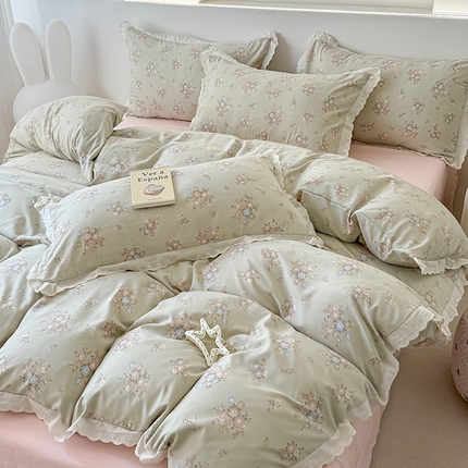 91家纺网 家纺一手货源 找家纺 吾欢心 2025新款韩版花边水洗双层纱四件套夏被四件套（棚拍图） 莫奈花园