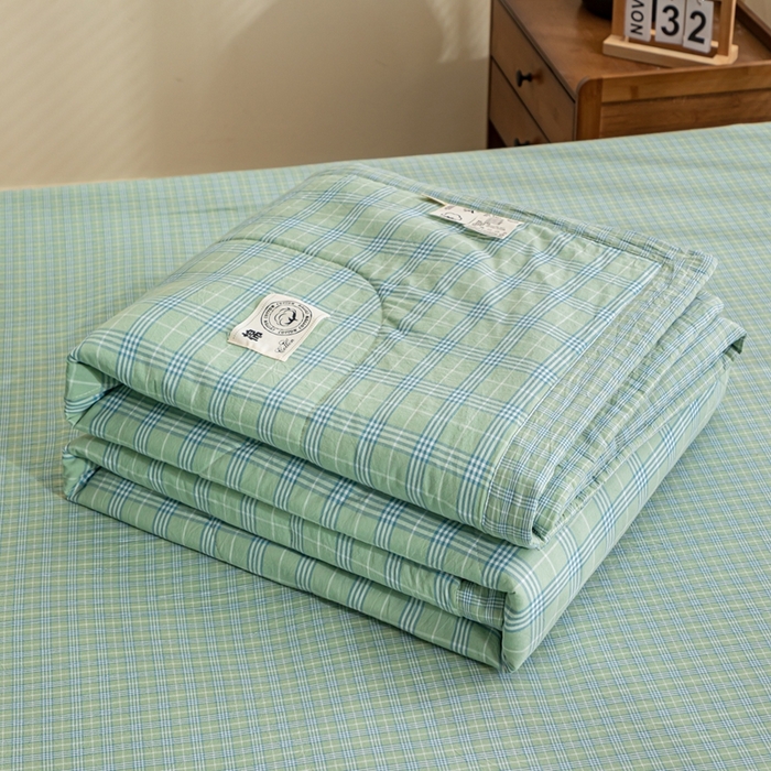 91家纺网 家纺一手货源 找家纺 鑫棉坊 2025新款全棉色织水洗棉A类棉花夏被可机洗空调被四件套床单枕套 清漾绿格