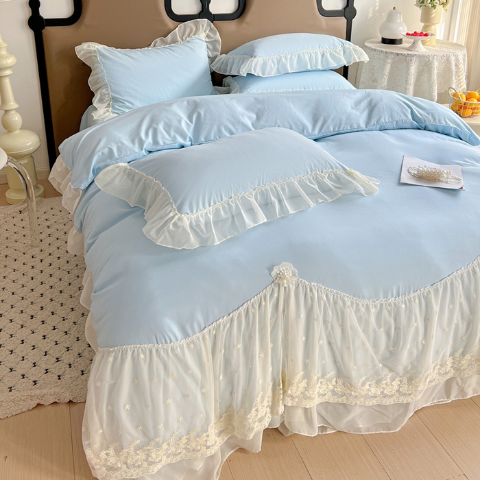 91家纺网 家纺一手货源 找家纺 艺玲家纺 2025新款糯小棉爱丽莎雪纺花边四件套 爱丽莎-蓝