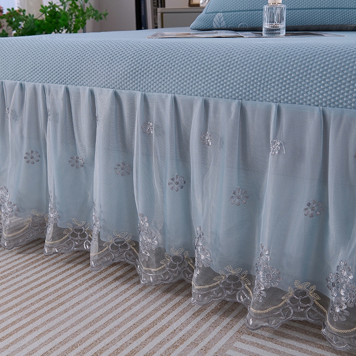 91家纺网 家纺一手货源 找家纺 席之家 2025新款3D冰感蕾丝床裙豆豆席 蕾丝-茶花之恋-蓝