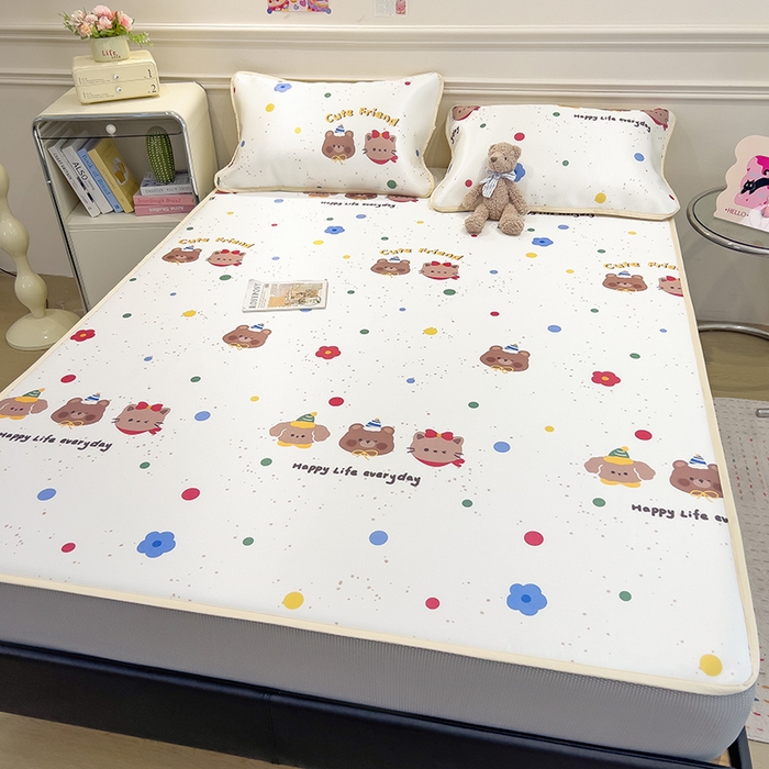 91家纺网 家纺一手货源 找家纺 摩妮卡 2025新款小清新碳光冰丝软席床笠款单床笠三件套 彩点萌友