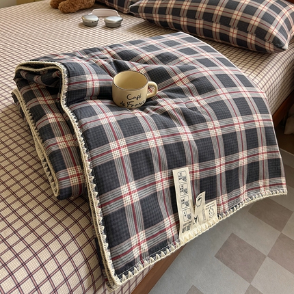 一加一 2025新款A类母婴级有氧全棉双层纱大豆纯棉夏凉被空调被四件套 雾霾蓝格