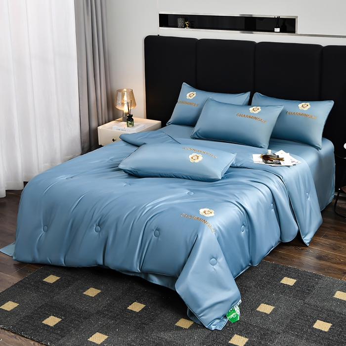 91家纺网 家纺一手货源 找家纺 优尚家纺 2025新款水洗天丝刺绣夏被夏被四件套 冰岛蓝