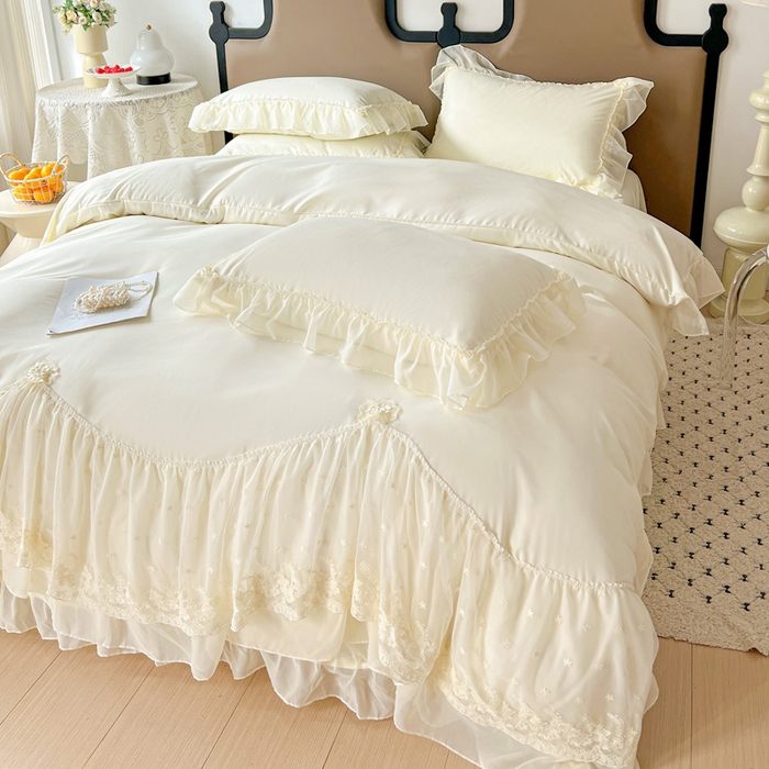 91家纺网 家纺一手货源 找家纺 艺玲家纺 2025新款糯小棉爱丽莎雪纺花边四件套 爱丽莎-黄