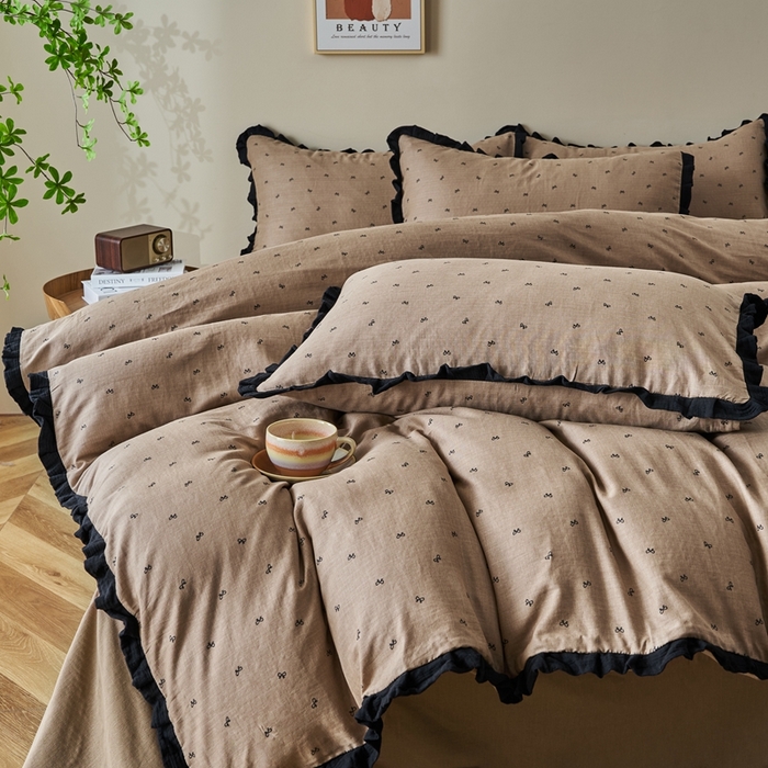 91家纺网 家纺一手货源 找家纺 （总）黛馨 2025新款全棉纯棉A类小清新双层纱四件套-皱皱边系列