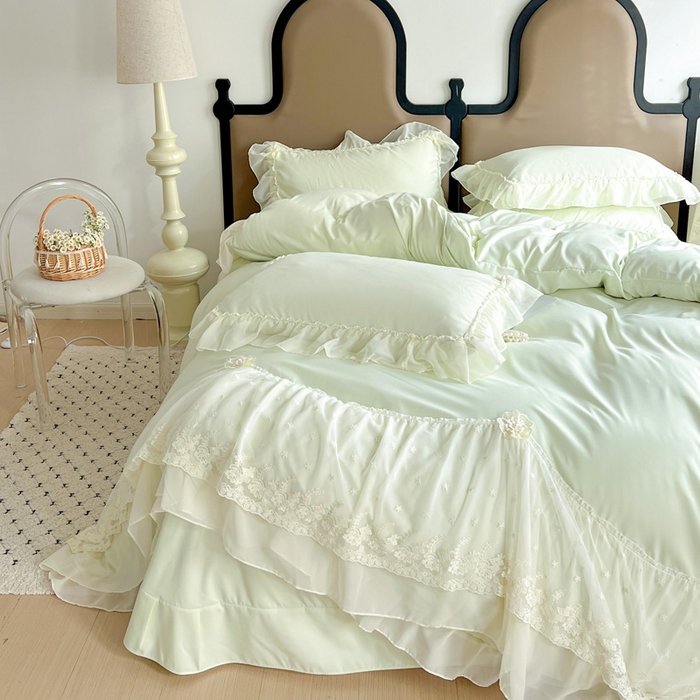 91家纺网 家纺一手货源 找家纺 艺玲家纺 2025新款糯小棉爱丽莎雪纺花边四件套 爱丽莎-绿