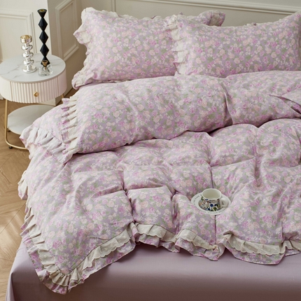 91家纺网 家纺一手货源 找家纺 （总）2025新款全棉纯棉A类双层纱双层蕾丝花边四件套