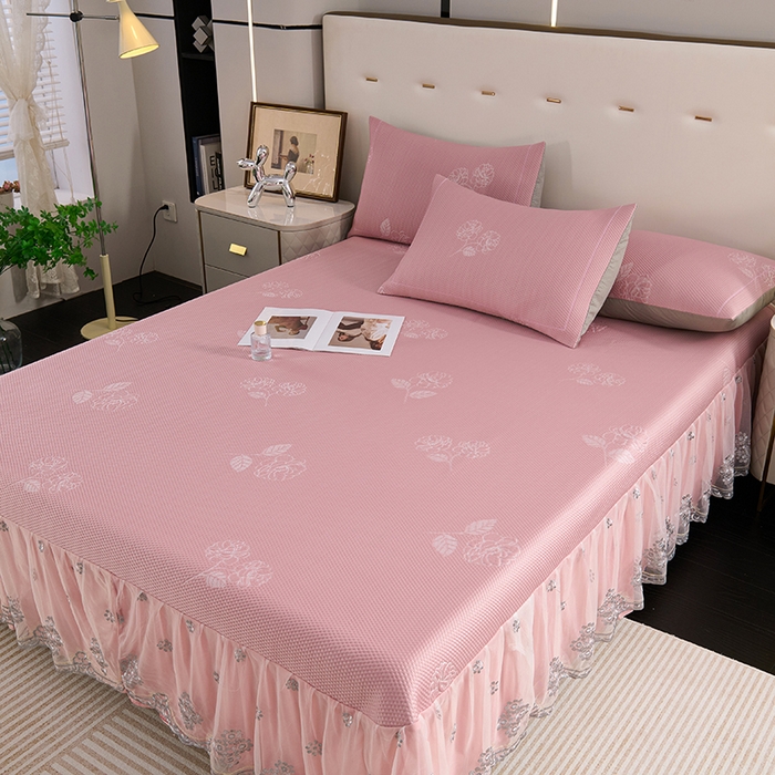 91家纺网 家纺一手货源 找家纺 席之家 2025新款3D冰感蕾丝床裙豆豆席 蕾丝-茶花之恋-粉