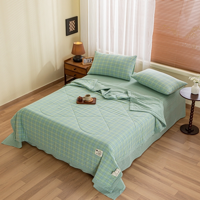 91家纺网 家纺一手货源 找家纺 鑫棉坊 2025新款全棉色织水洗棉A类棉花夏被可机洗空调被四件套床单枕套 清漾绿格