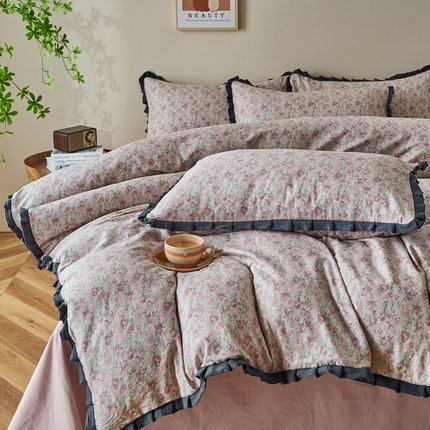 91家纺网 家纺一手货源 找家纺 （总）黛馨 2025新款全棉纯棉A类小清新双层纱四件套-皱皱边系列