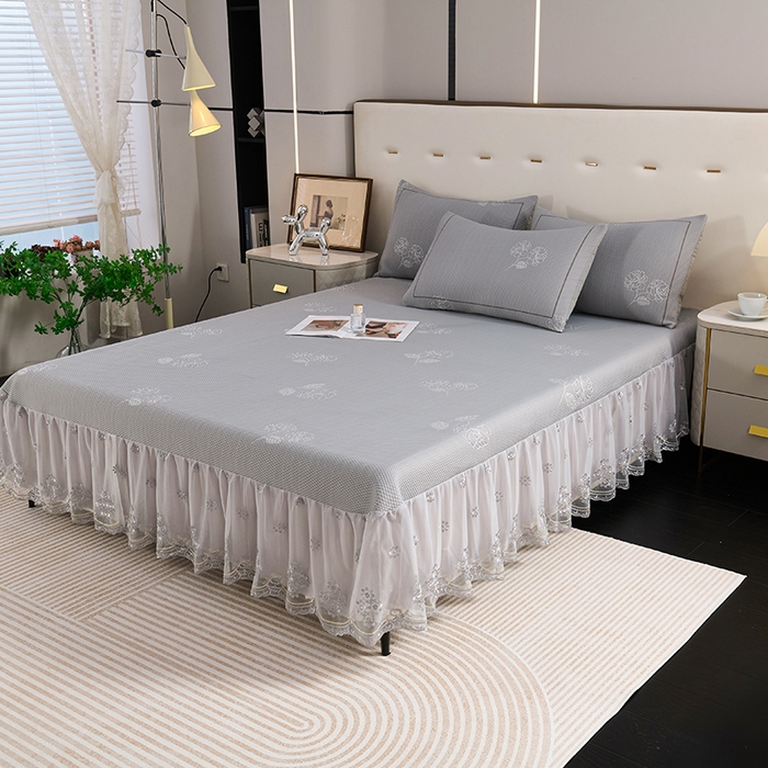 91家纺网 家纺一手货源 找家纺 席之家 2025新款3D冰感蕾丝床裙豆豆席 蕾丝-茶花之恋-灰