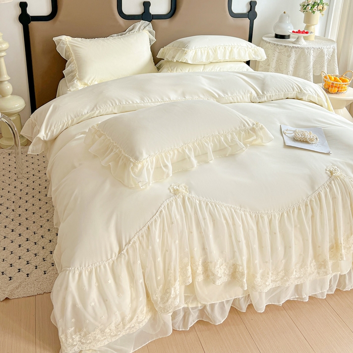 91家纺网 家纺一手货源 找家纺 艺玲家纺 2025新款糯小棉爱丽莎雪纺花边四件套 爱丽莎-黄