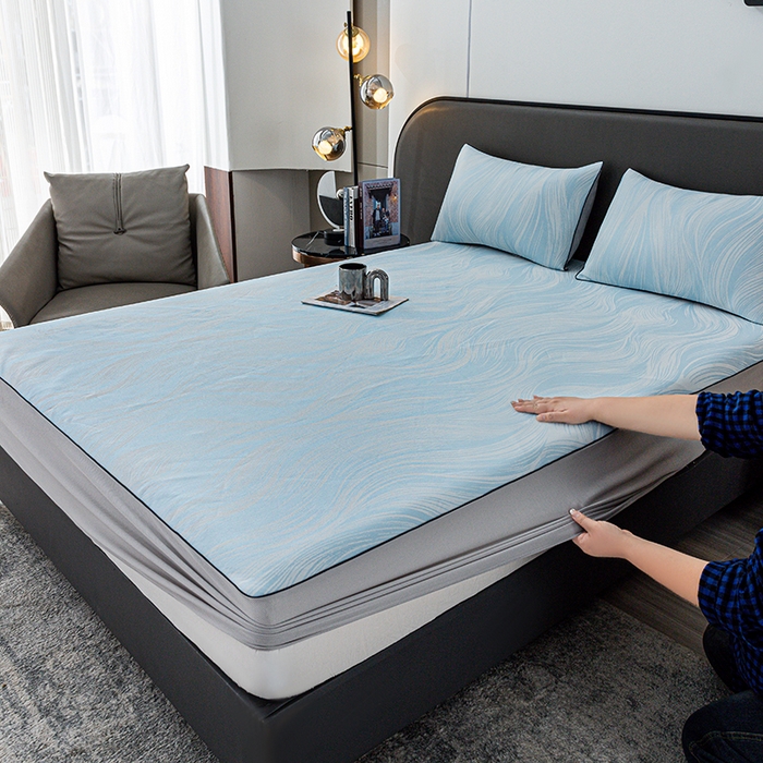 91家纺网 家纺一手货源 找家纺 锦罗绣 2025春夏新款PE中分子凉感提花软凉席席子 极简主义-蓝 床笠款