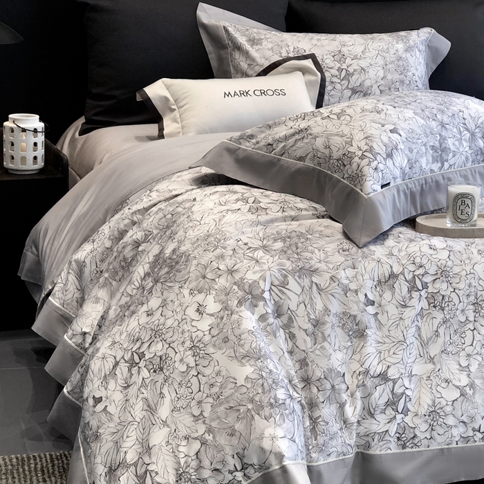 91家纺网 家纺一手货源 找家纺 佳汐蓝2025新款典雅诗意花卉全棉印花四件套券后不低于438/458元 雾隐巴黎-星空灰