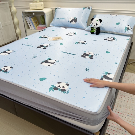 摩妮卡 2025新款小清新碳光冰丝软席床笠款单床笠三件套 冰蓝熊猫