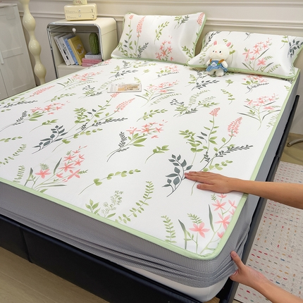 摩妮卡 2025新款小清新碳光冰丝软席床笠款单床笠三件套 绿影花踪