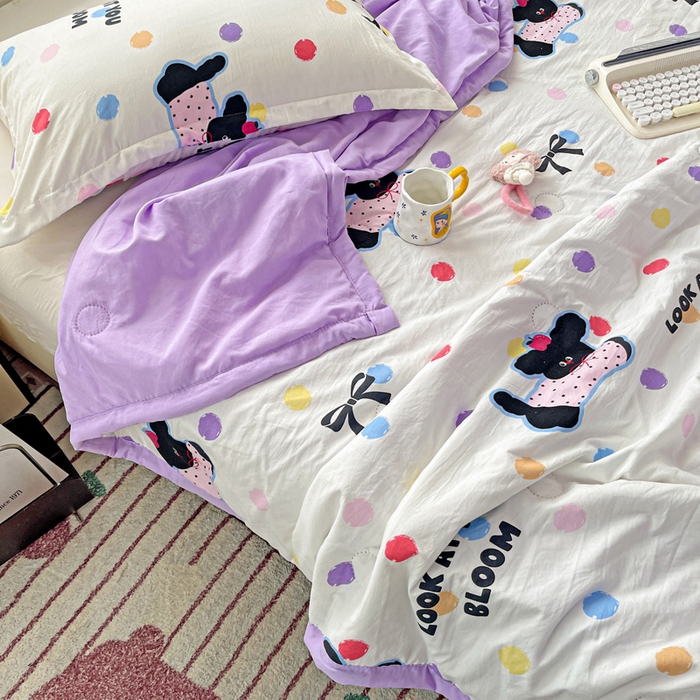 91家纺网 家纺一手货源 找家纺 富艺隆 2025新款水洗棉双层纱夏被 波点小狗