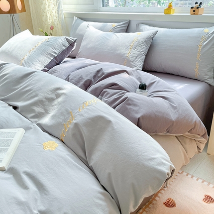 91家纺网 家纺一手货源 找家纺 禧澜庭 2025新款纯棉全棉斜纹四件套刺绣绣花款春小清新三件套-幸运花 幸运花-冰川灰+中灰