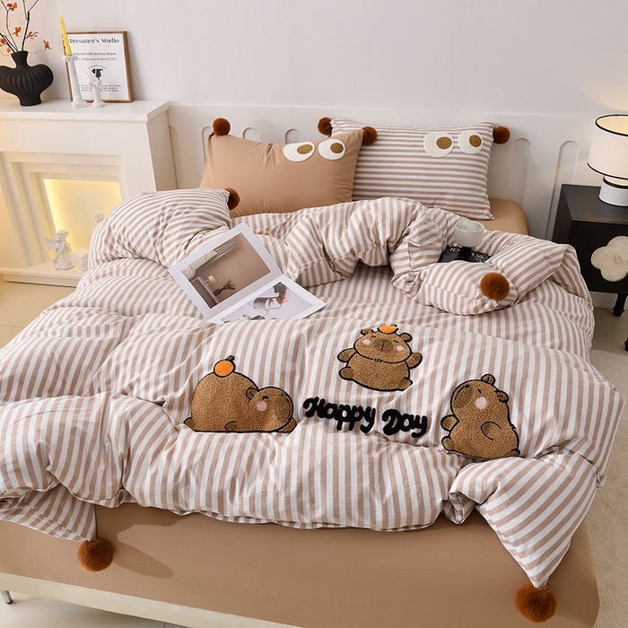 91家纺网 家纺一手货源 找家纺 （总）炫拼家纺 2025新款毛球卡通毛巾绣A类全棉40支水洗棉四件套