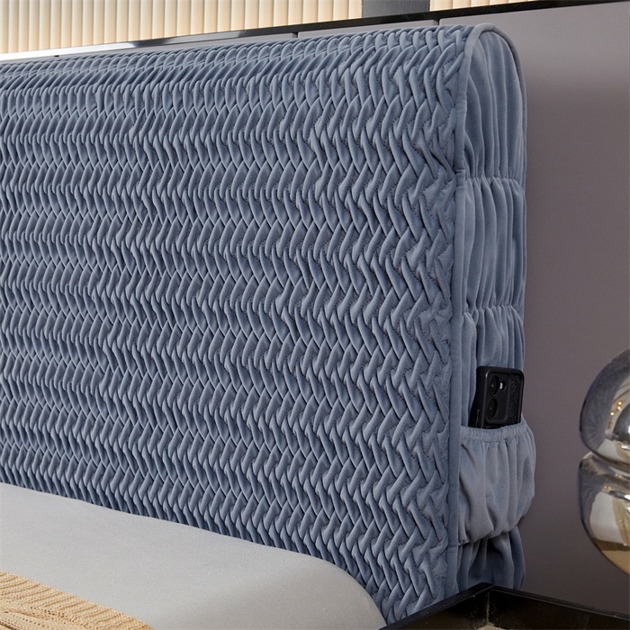 91家纺网 家纺一手货源 找家纺 情恒家纺 2025新款德芙绒工艺款全包床头罩 丹宁蓝