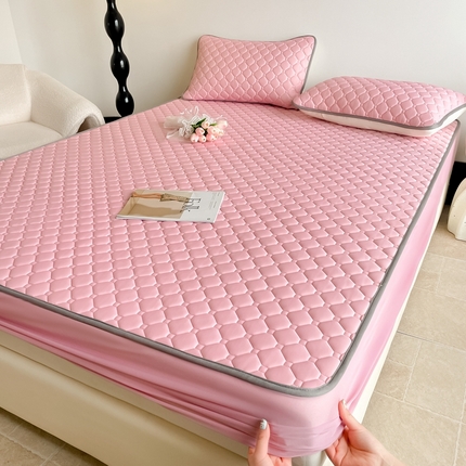 91家纺网 家纺一手货源 找家纺 2025新款加厚乳胶床笠款经典纯色夏被套件 方格-豆粉