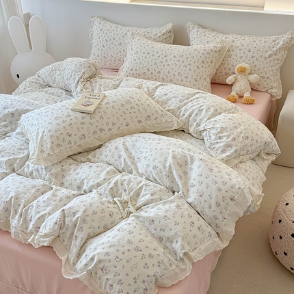 91家纺网 家纺一手货源 找家纺 吾欢心 2025新款韩版花边水洗双层纱四件套夏被四件套（棚拍图） 茶野