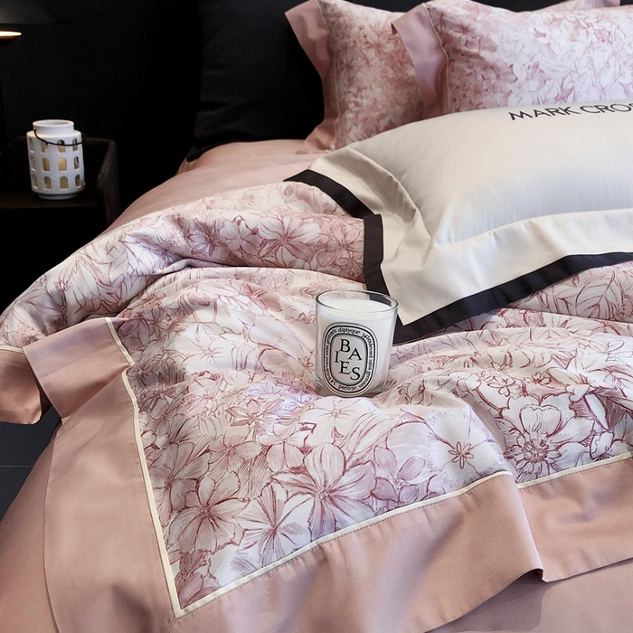 91家纺网 家纺一手货源 找家纺 佳汐蓝2025新款典雅诗意花卉全棉印花四件套券后不低于438/458元 雾隐巴黎-霞光粉